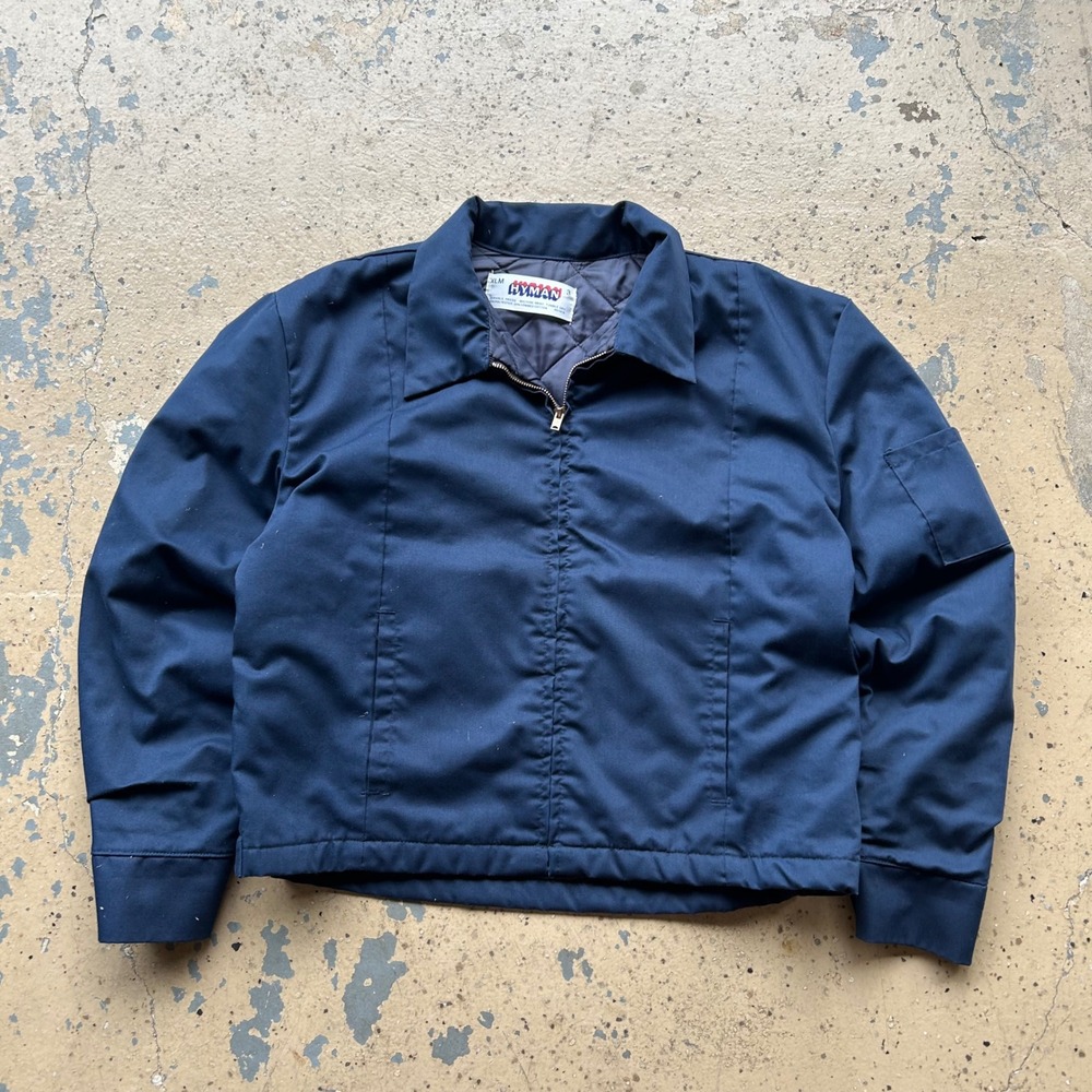 Vintage 60s Hyman Navy Blue Work Jacket Boxy Quilted Lining Scovill Zip Mens M